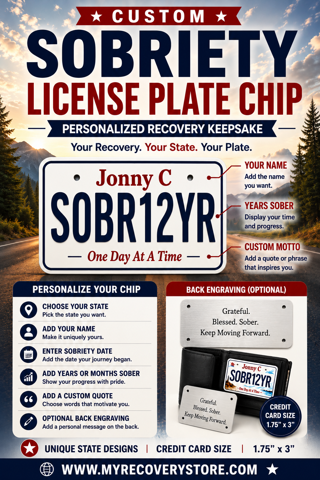 Custom Sobriety License Plate Chip | Personalized Recovery Keepsake with State Designs