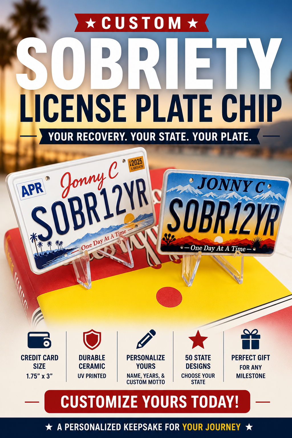Custom Sobriety License Plate Chip | Personalized Recovery Keepsake with State Designs