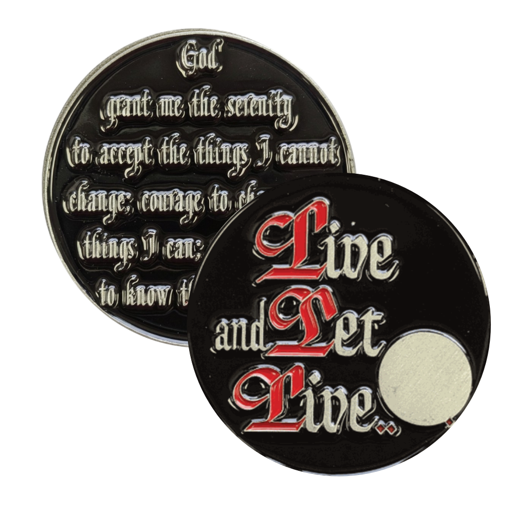 Live and Let Live Sobriety Coin – AA Slogan with Serenity Prayer Back | Recovery Gift