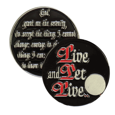 Live and Let Live Sobriety Coin, AA Slogan with Serenity Prayer Back