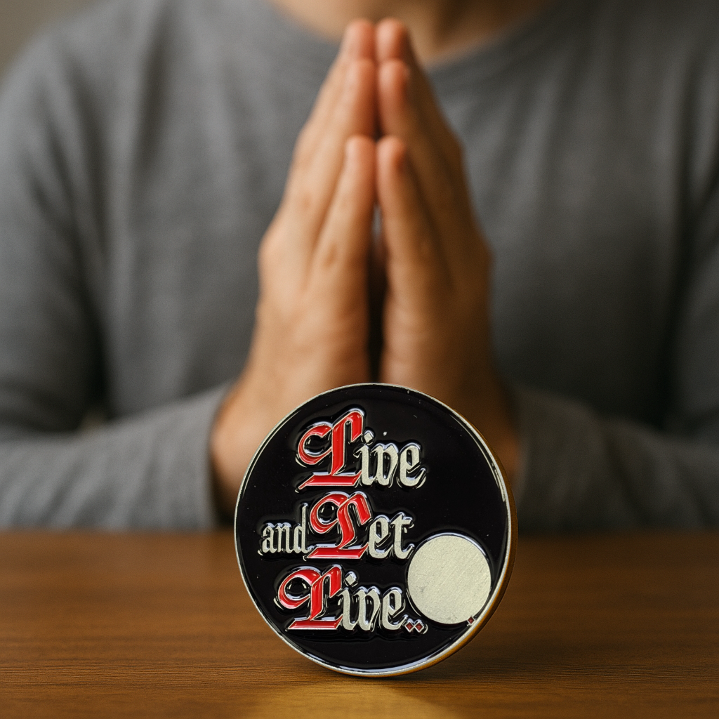 Live and Let Live Sobriety Coin – AA Slogan with Optional Serenity Prayer or Custom Back