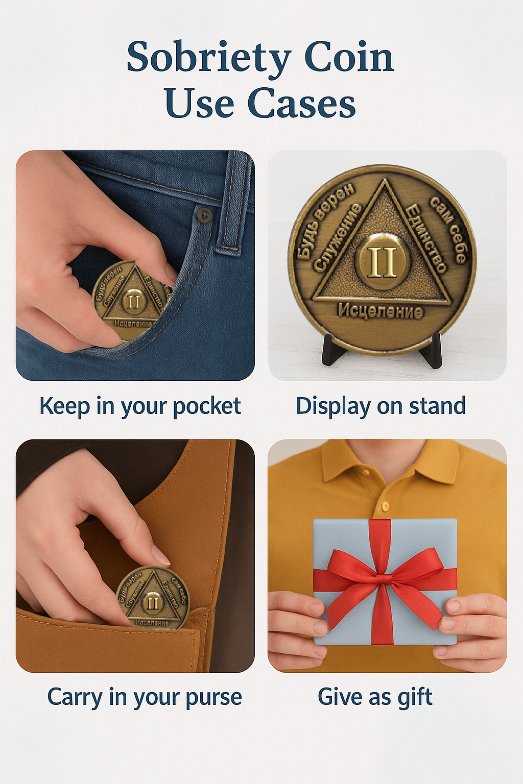 Russian Sobriety Coin | 1-60 Years Engraved in Traditional Numbers | AA Recovery Medallion