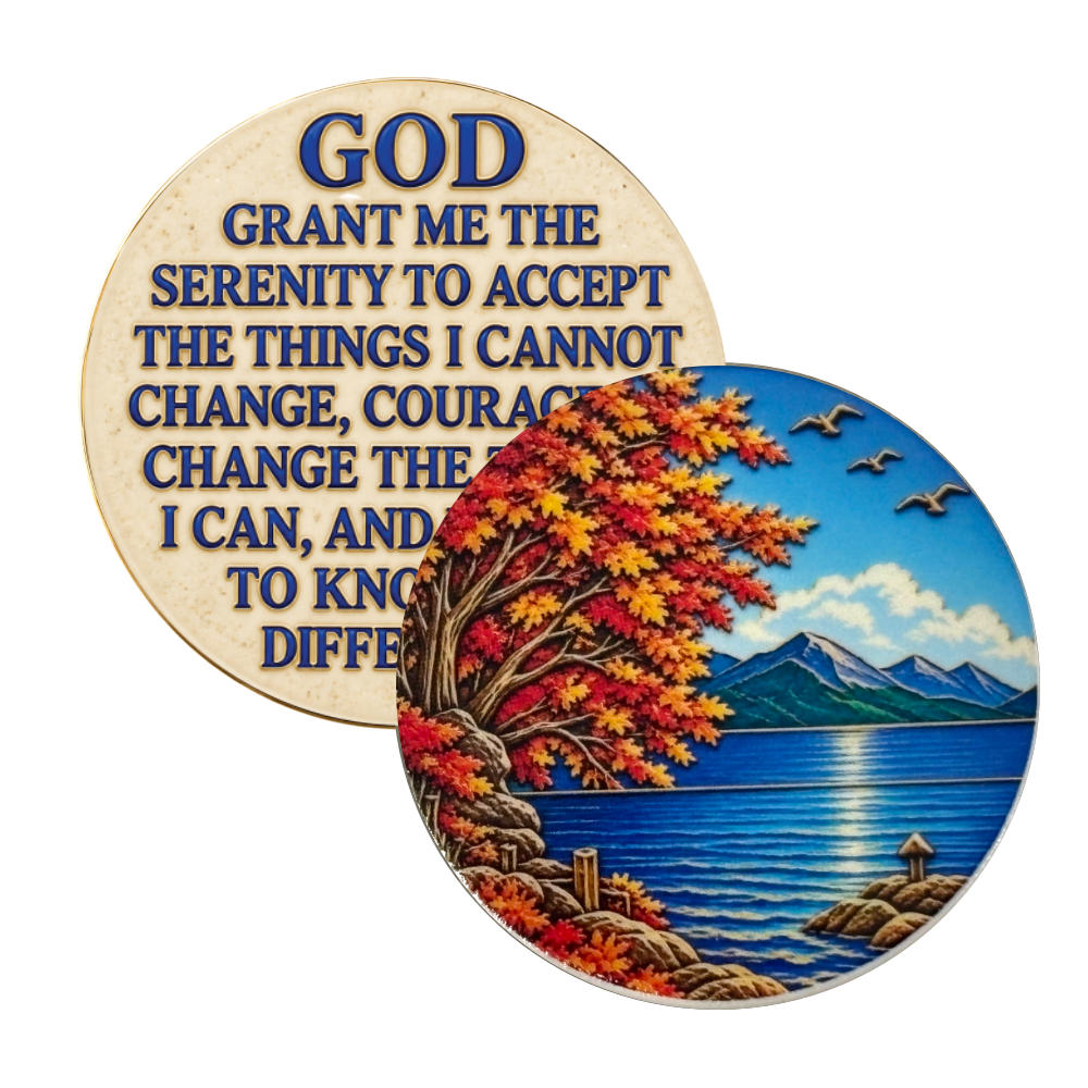 Serenity Prayer Peaceful Lake Scene AA Recovery Affirmation Chip