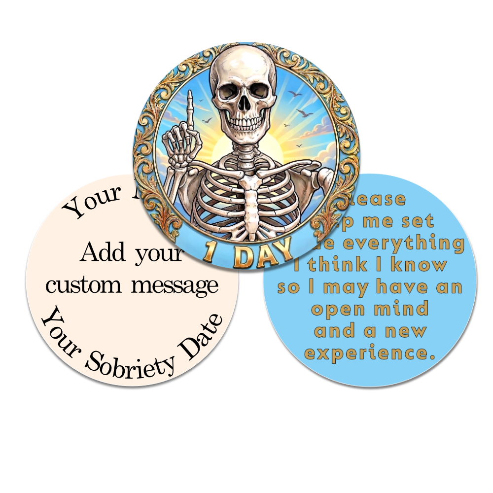 Skull-Themed AA Recovery Poker Chips – 1 Day to 1 Year Milestones + Custom Message Option