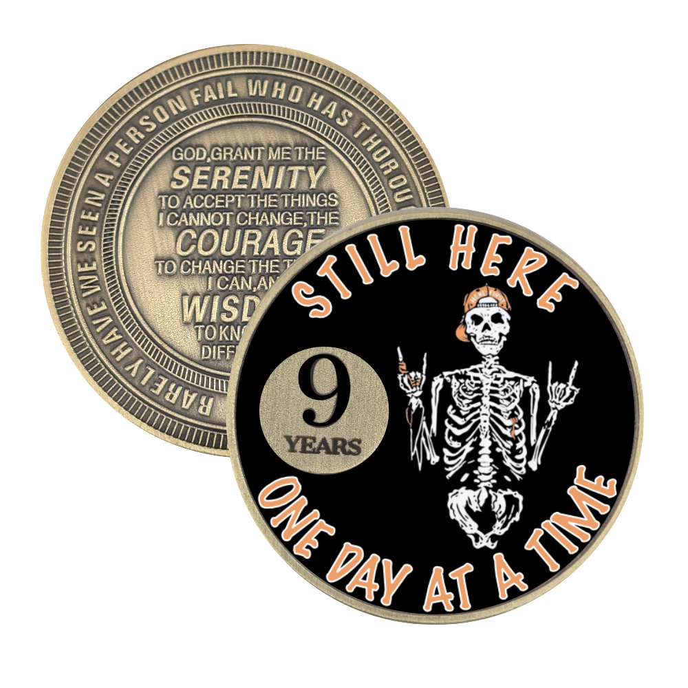 Still Here Sobriety Coin – Custom Engraved Recovery Medallion