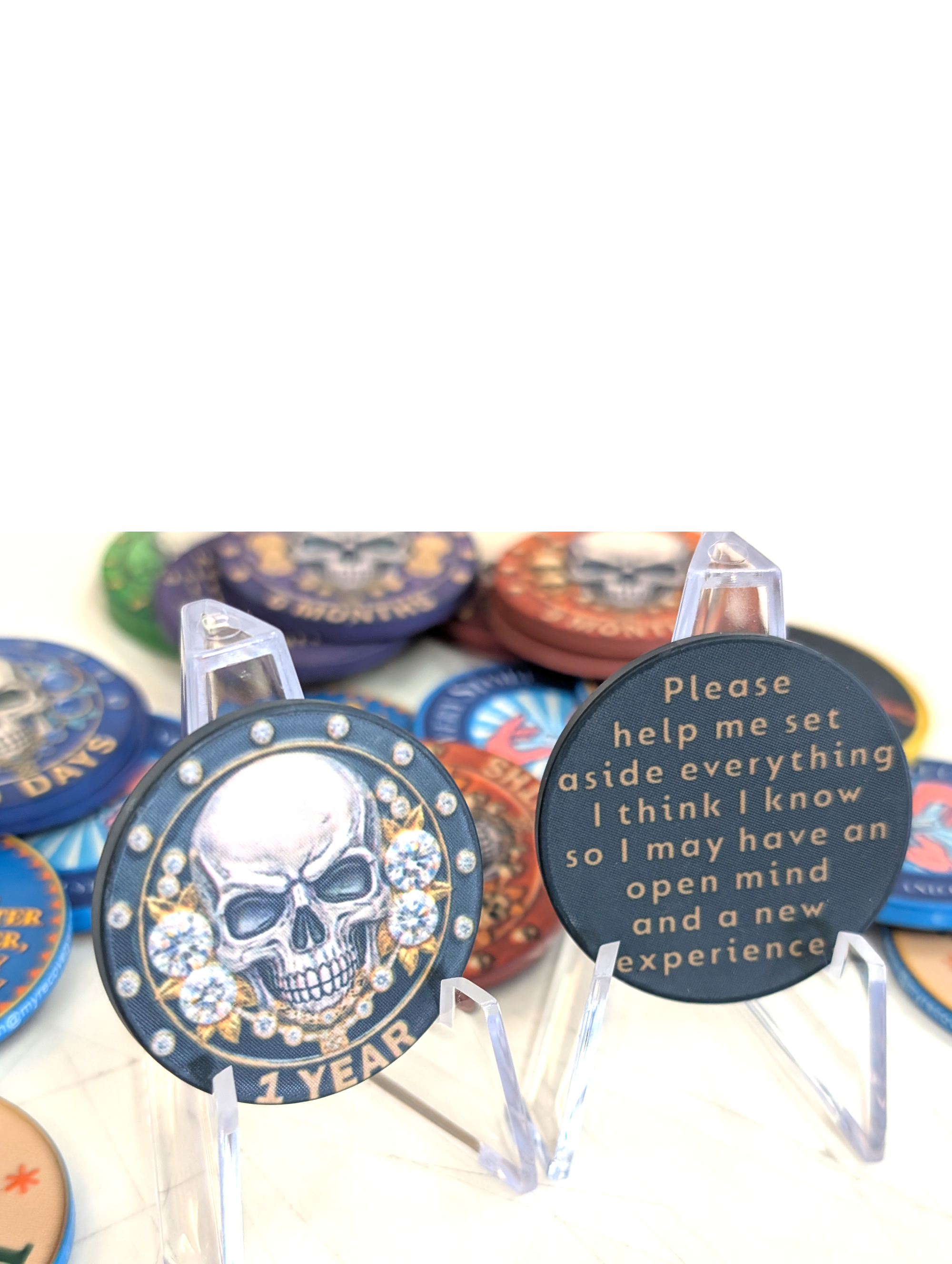 Skull-Themed AA Recovery Poker Chips – 1 Day to 1 Year Milestones + Custom Message Option