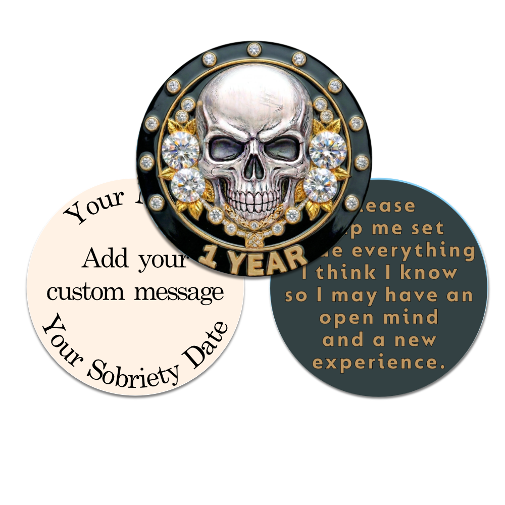 Skull-Themed AA Recovery Poker Chips – 1 Day to 1 Year Milestones + Custom Message Option