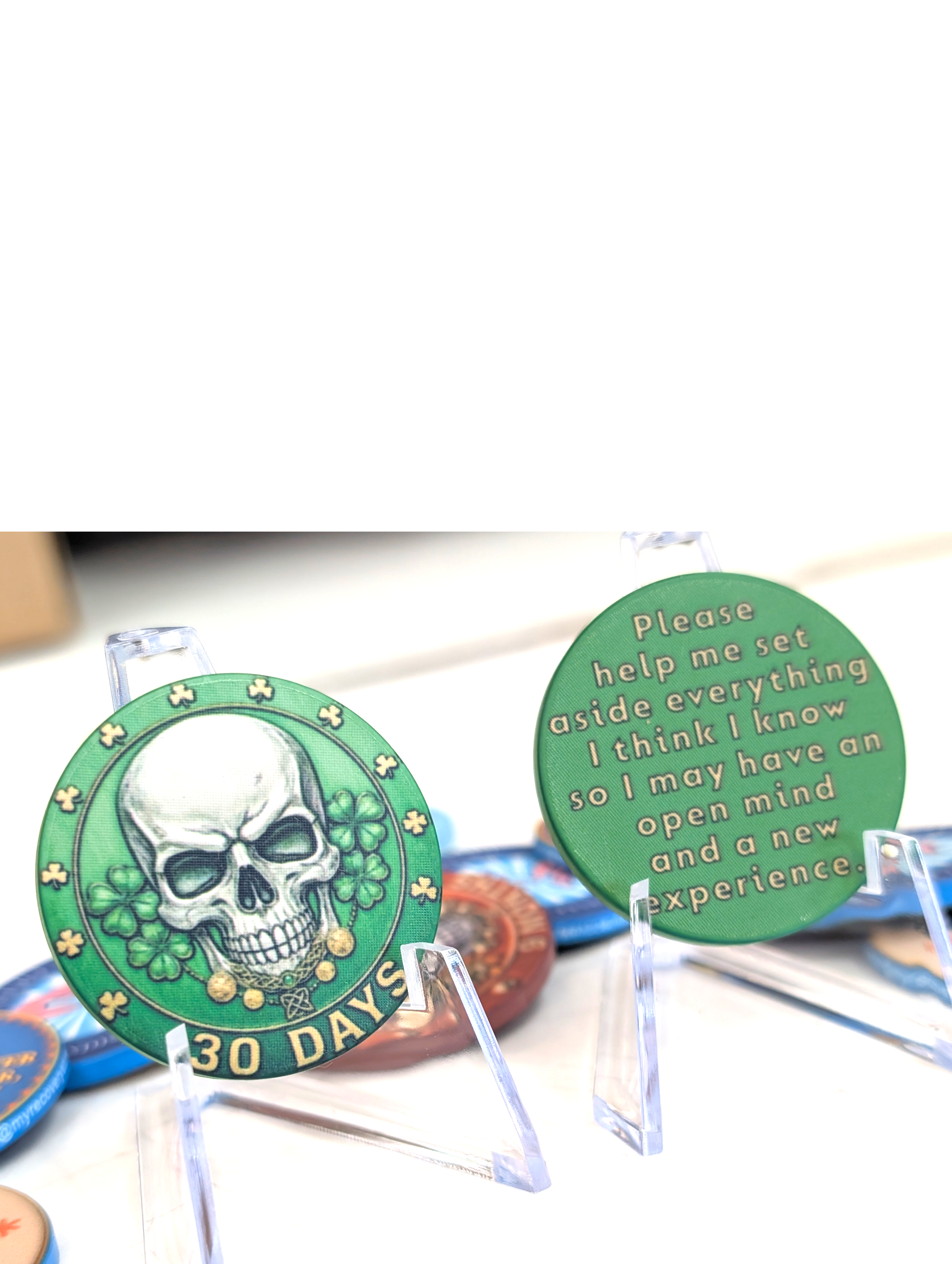 Skull-Themed AA Recovery Poker Chips – 1 Day to 1 Year Milestones + Custom Message Option