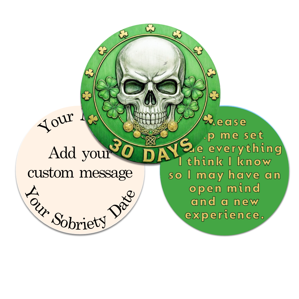 Skull-Themed AA Recovery Poker Chips – 1 Day to 1 Year Milestones + Custom Message Option