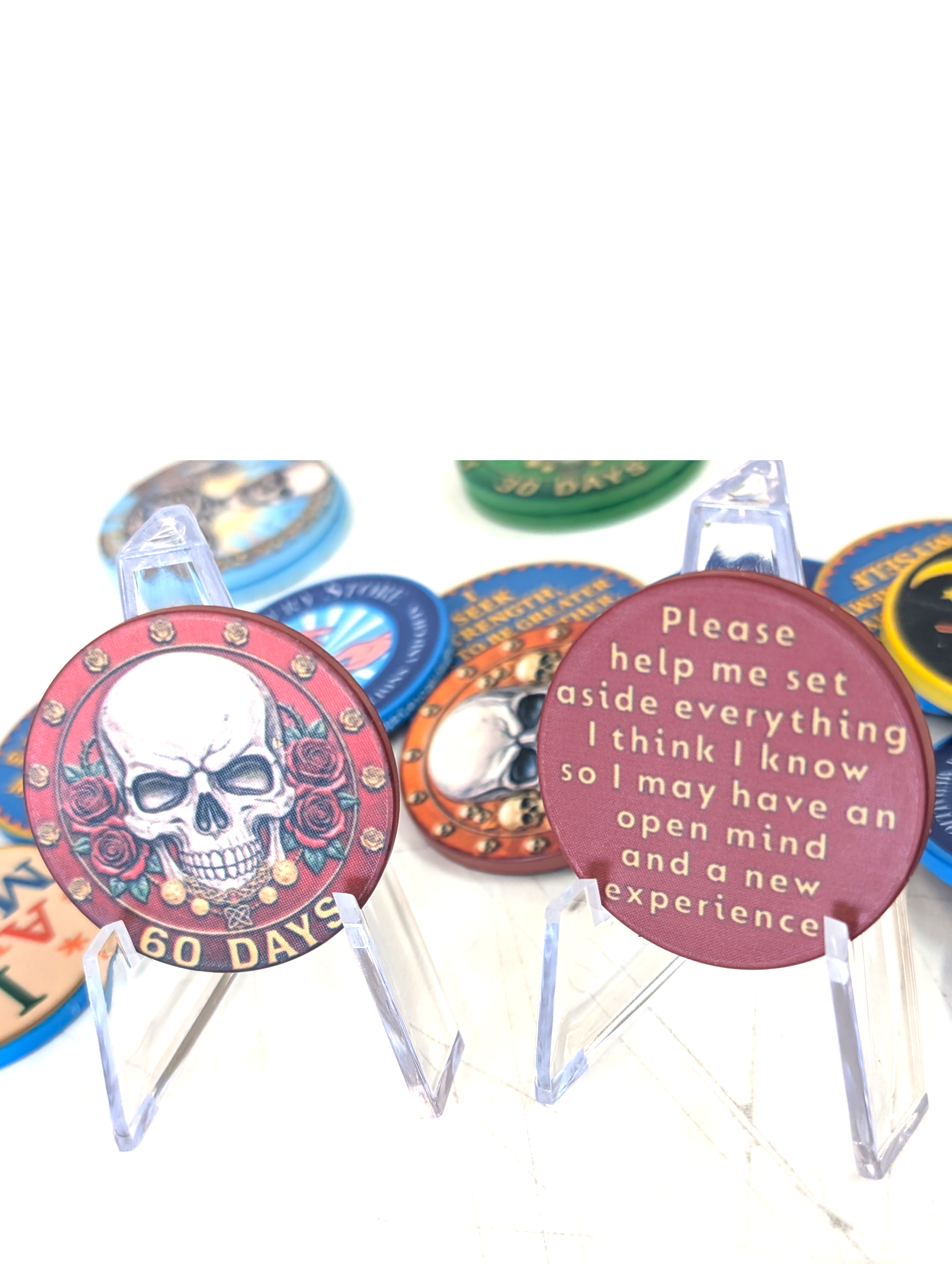 Skull-Themed AA Recovery Poker Chips – 1 Day to 1 Year Milestones + Custom Message Option