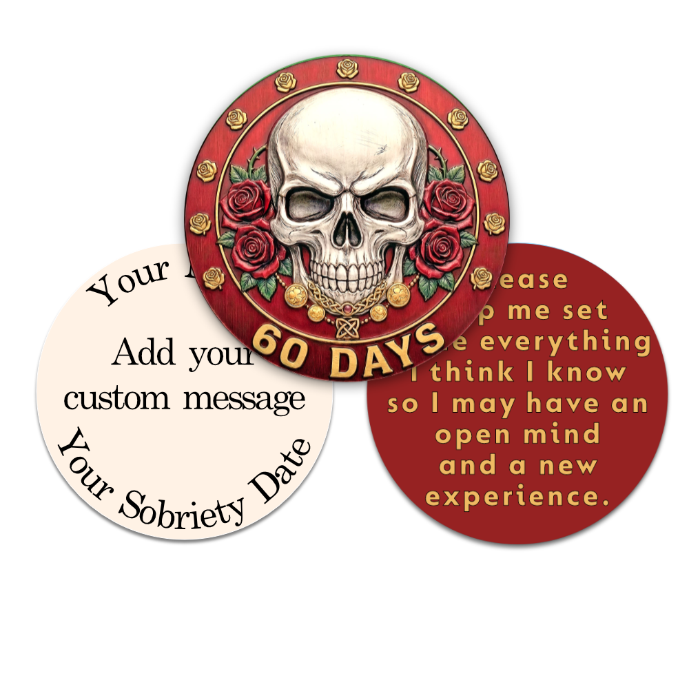 Skull-Themed AA Recovery Poker Chips – 1 Day to 1 Year Milestones + Custom Message Option
