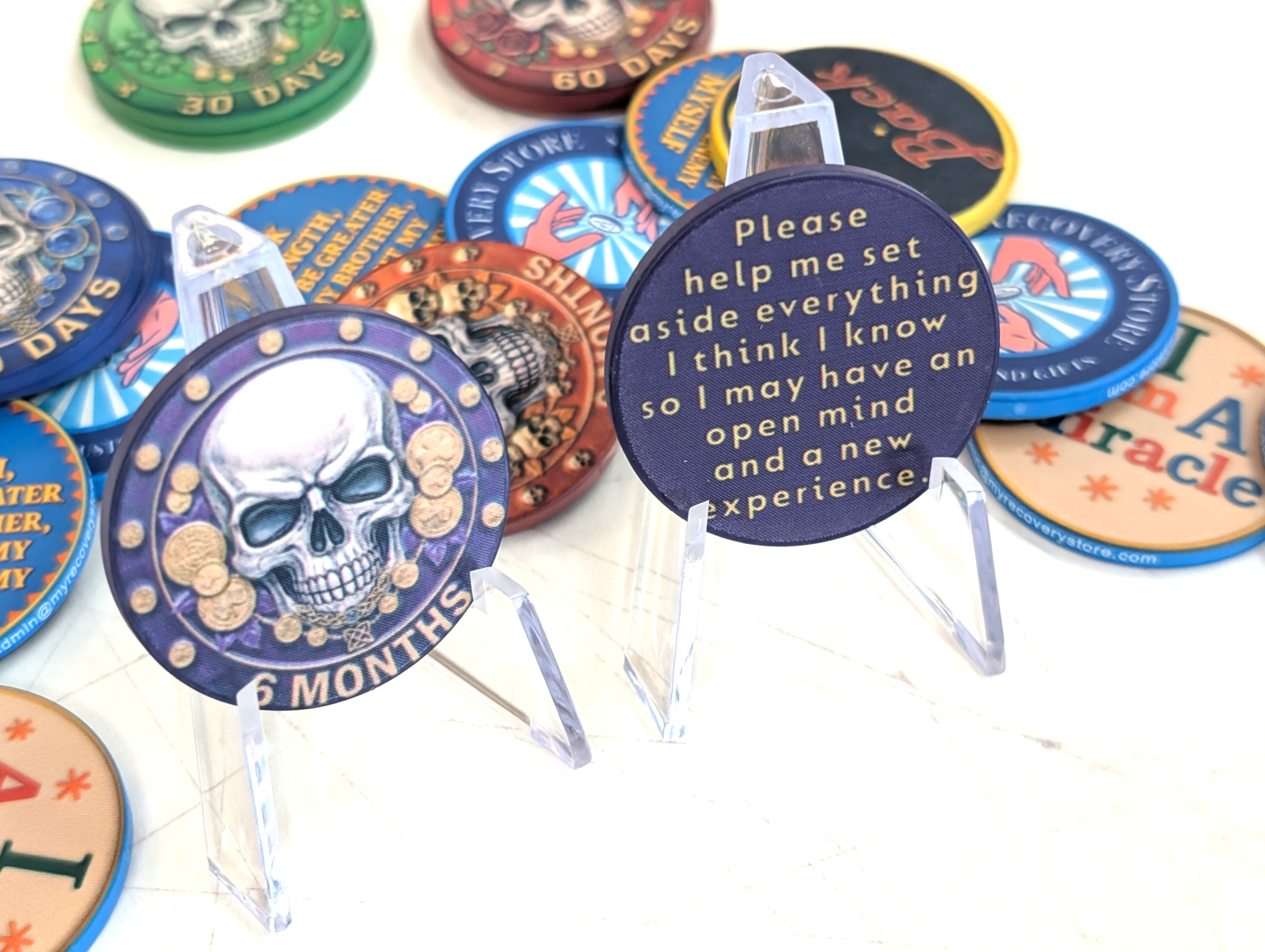 Skull-Themed AA Recovery Poker Chips – 1 Day to 1 Year Milestones + Custom Message Option