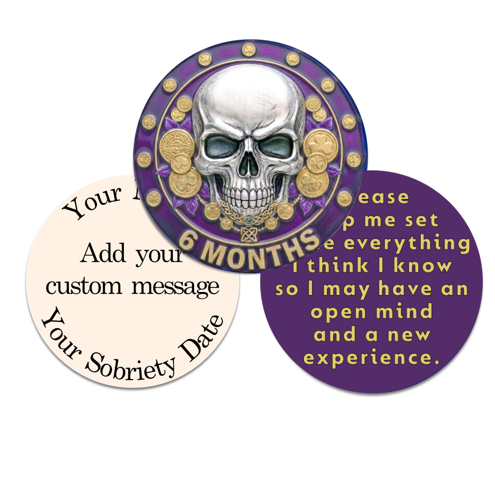 Skull-Themed AA Recovery Poker Chips – 1 Day to 1 Year Milestones + Custom Message Option