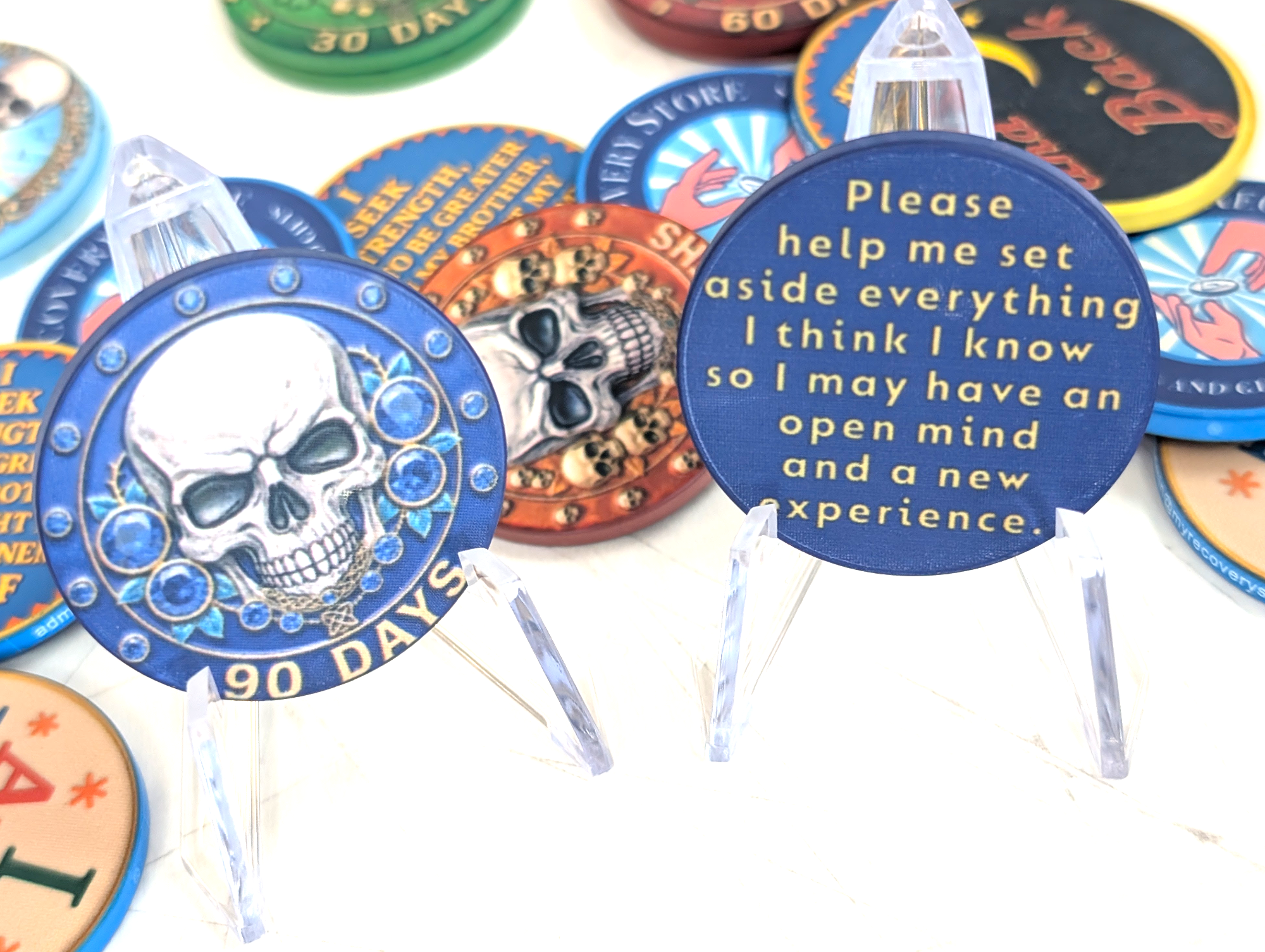 Skull-Themed AA Recovery Poker Chips – 1 Day to 1 Year Milestones + Custom Message Option