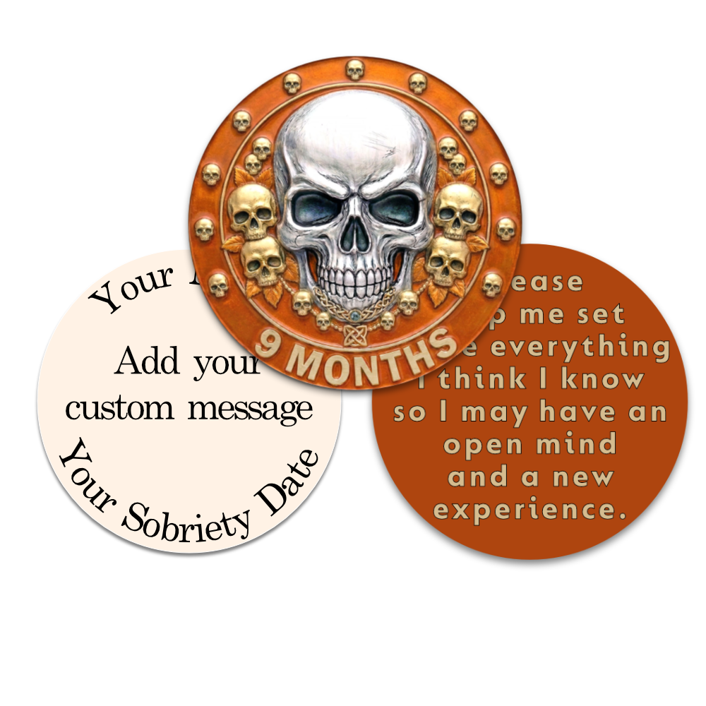 Skull-Themed AA Recovery Poker Chips – 1 Day to 1 Year Milestones + Custom Message Option