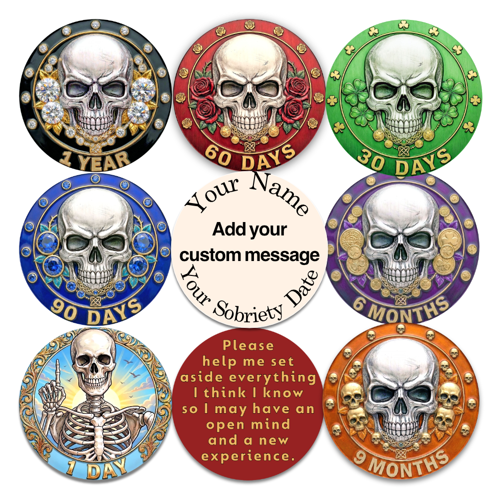 Skull-Themed AA Recovery Poker Chips – 1 Day to 1 Year Milestones + Custom Message Option