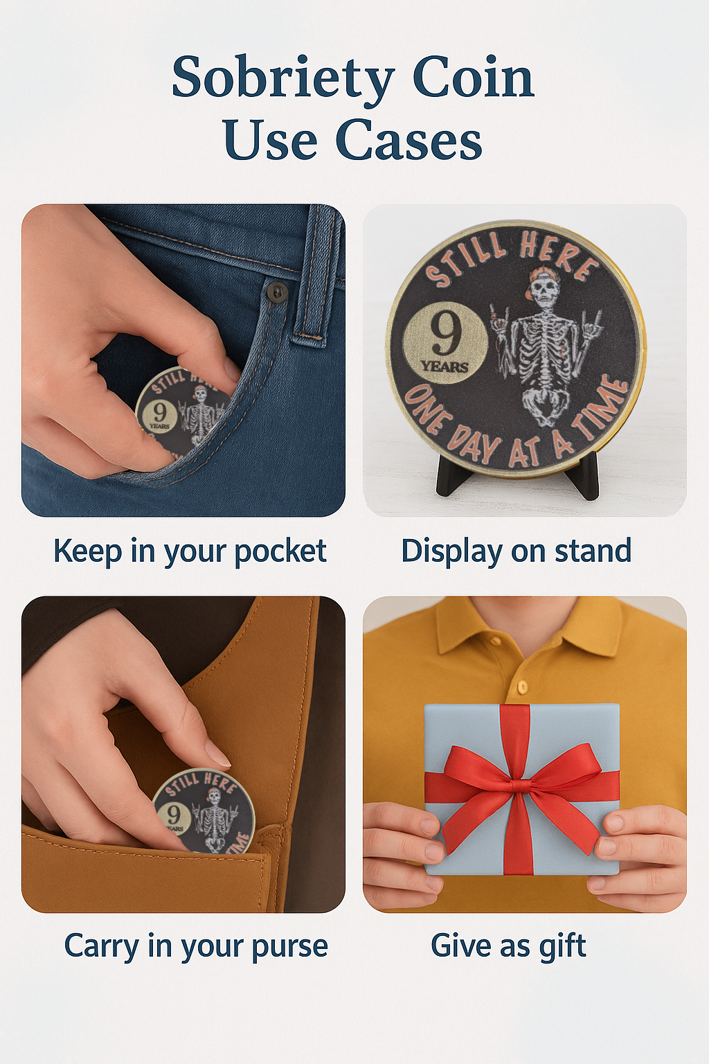 Still Here Sobriety Coin – Custom Engraved Recovery Medallion