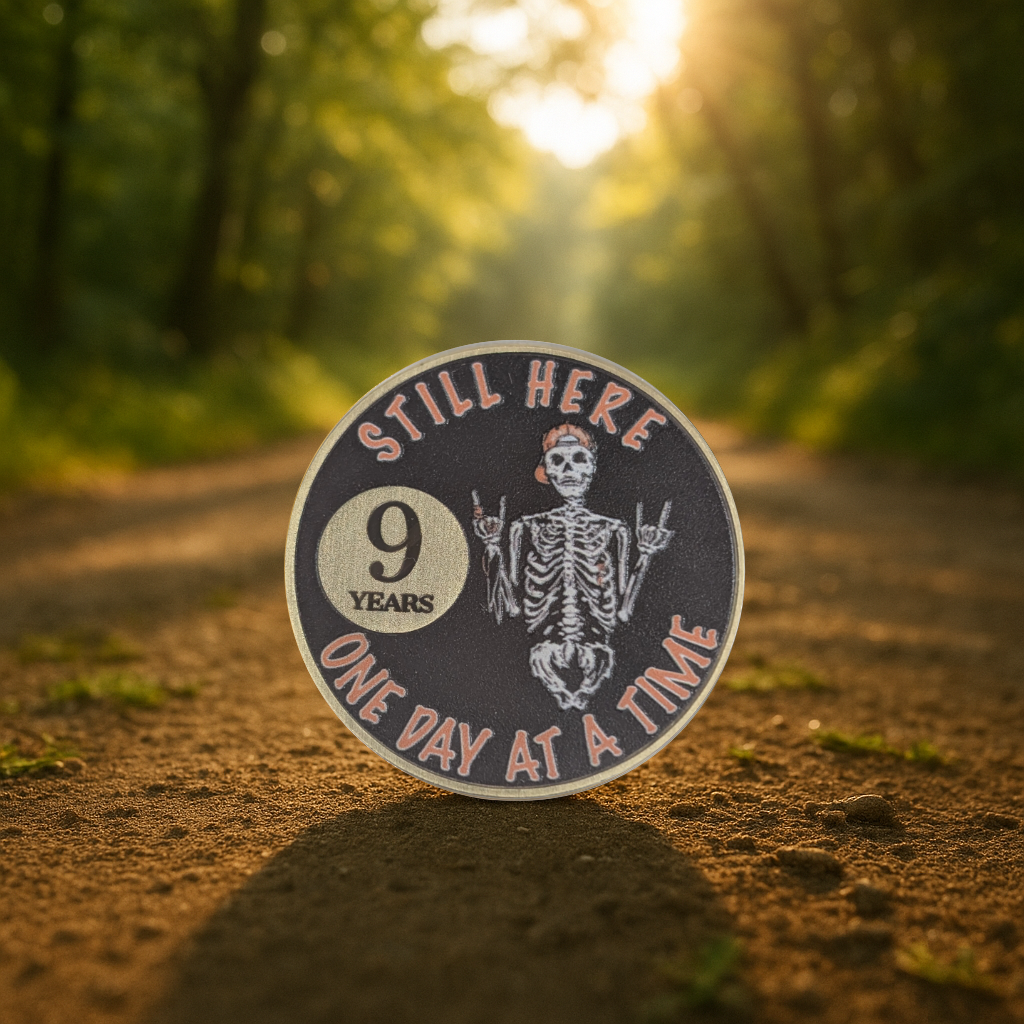 Still Here Sobriety Coin – Custom Engraved Recovery Medallion