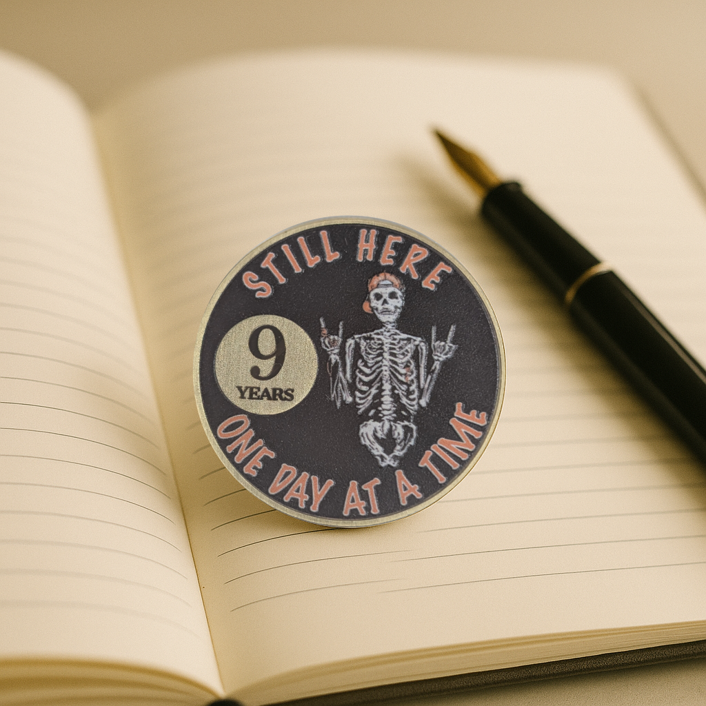 Still Here Sobriety Coin – Custom Engraved Recovery Medallion