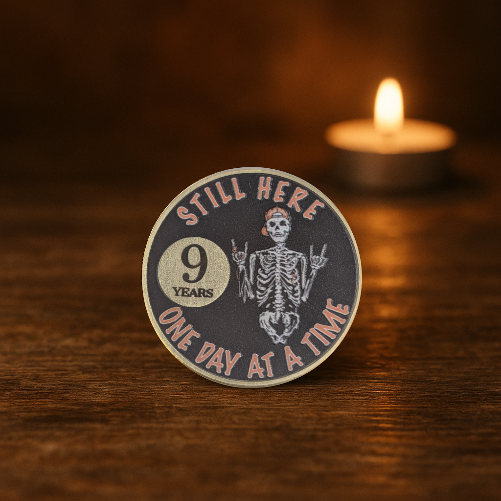 Still Here Sobriety Coin – Custom Engraved Recovery Medallion
