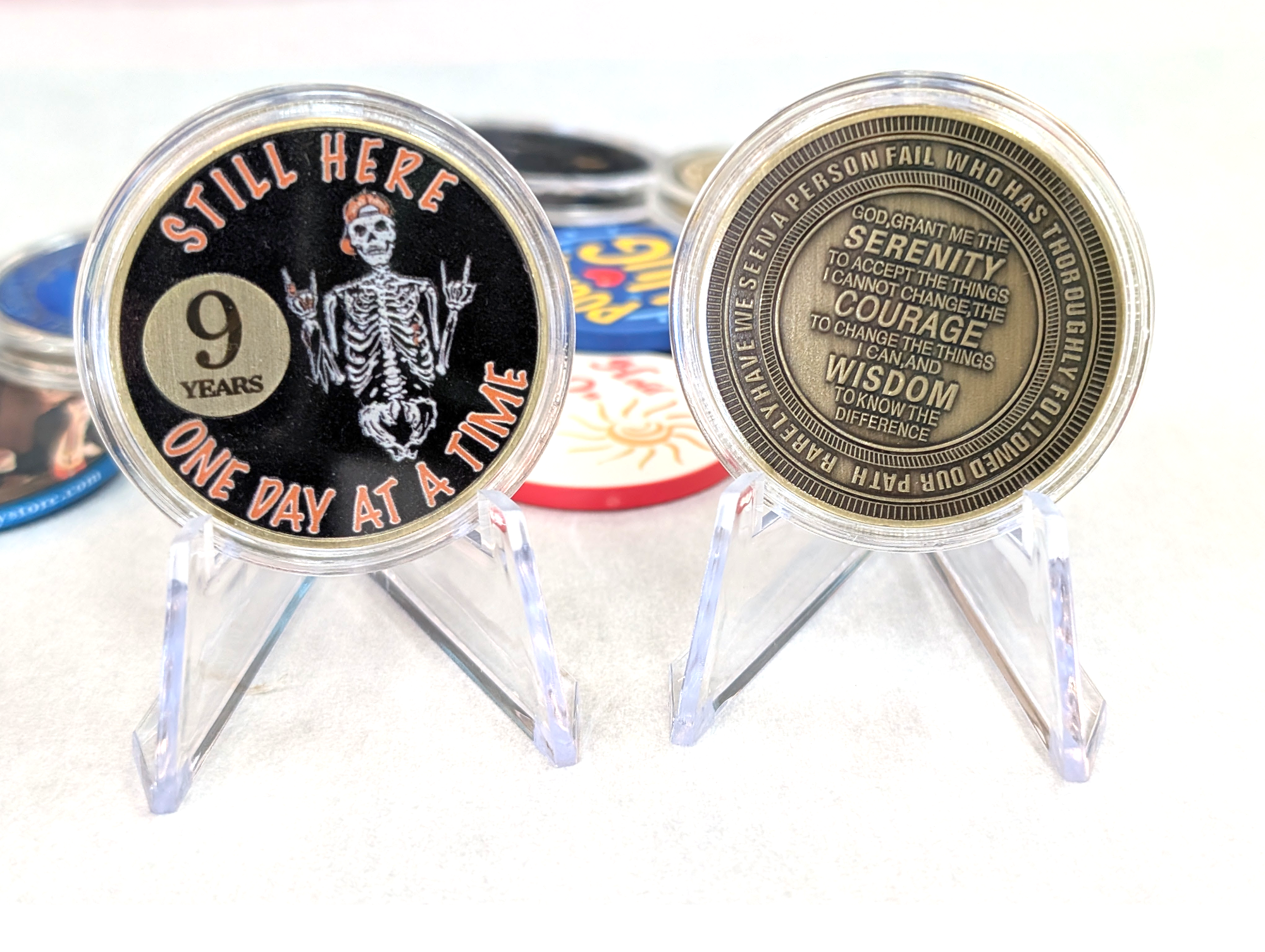 Still Here Sobriety Coin – Custom Engraved Recovery Medallion