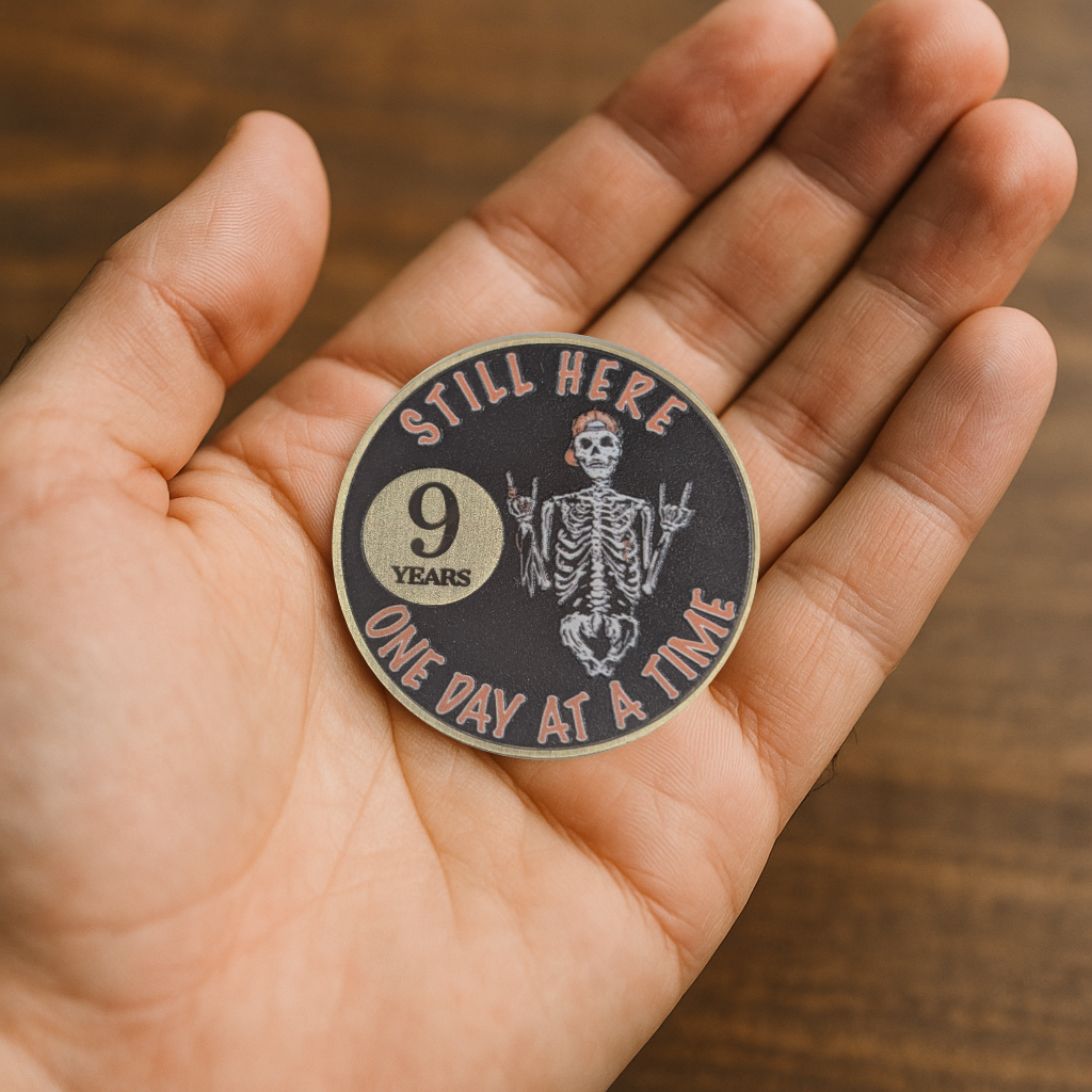 Still Here Sobriety Coin – Custom Engraved Recovery Medallion