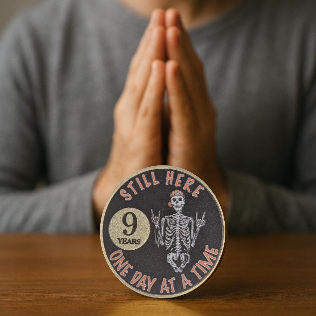 Still Here Sobriety Coin – Custom Engraved Recovery Medallion