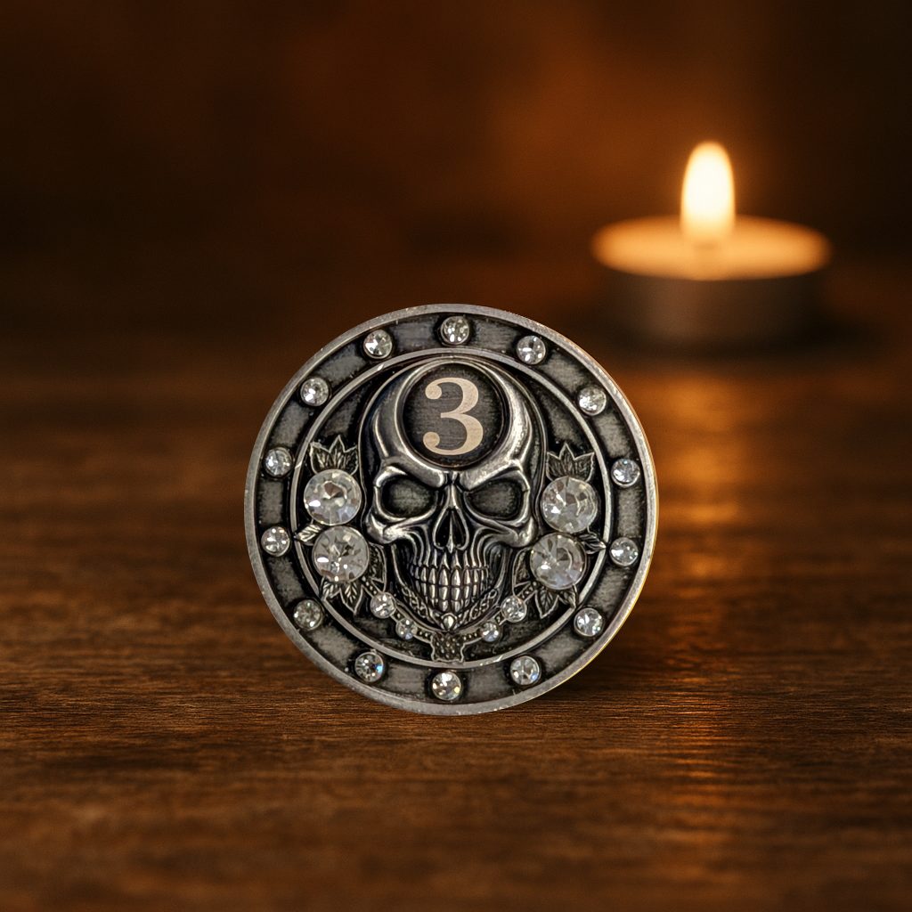 Skeleton Skull Yearly AA Sobriety Medallion – Rhinestone Recovery Coin | Set Aside Prayer Back