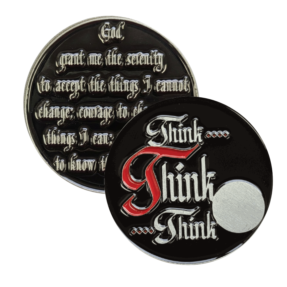 "Think Think Think" AA Slogan Coin – Gothic Black Enamel Chip with Serenity Prayer Back | Recovery Gift