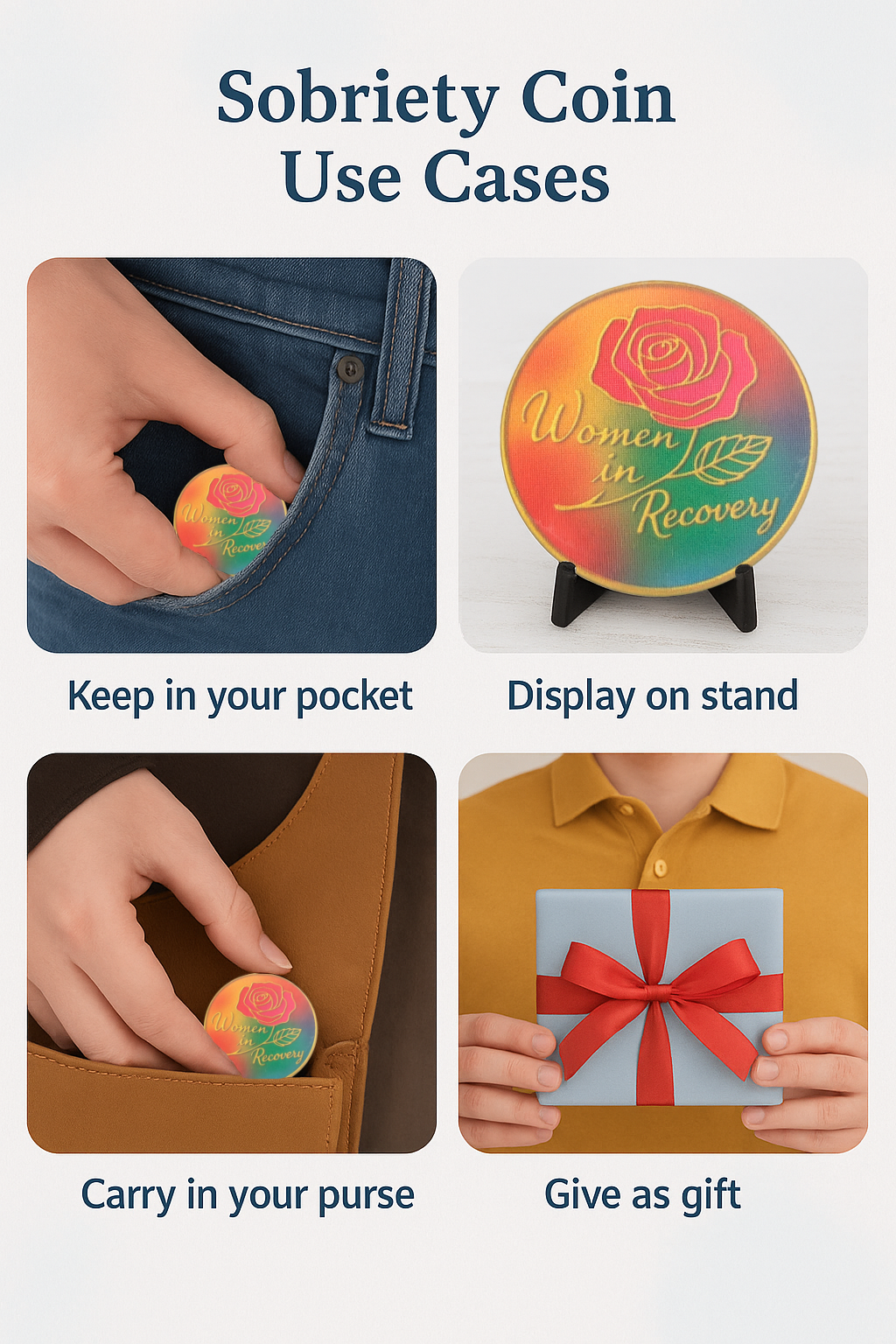 Women in Recovery Serenity Prayer Chip – Rainbow Inspirational Token with Rose Design