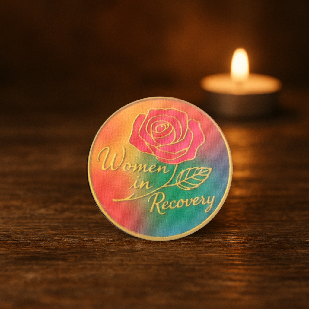 Women in Recovery Serenity Prayer Chip – Rainbow Inspirational Token with Rose Design