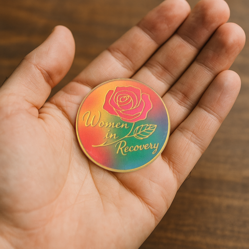 Women in Recovery Serenity Prayer Chip – Rainbow Inspirational Token with Rose Design