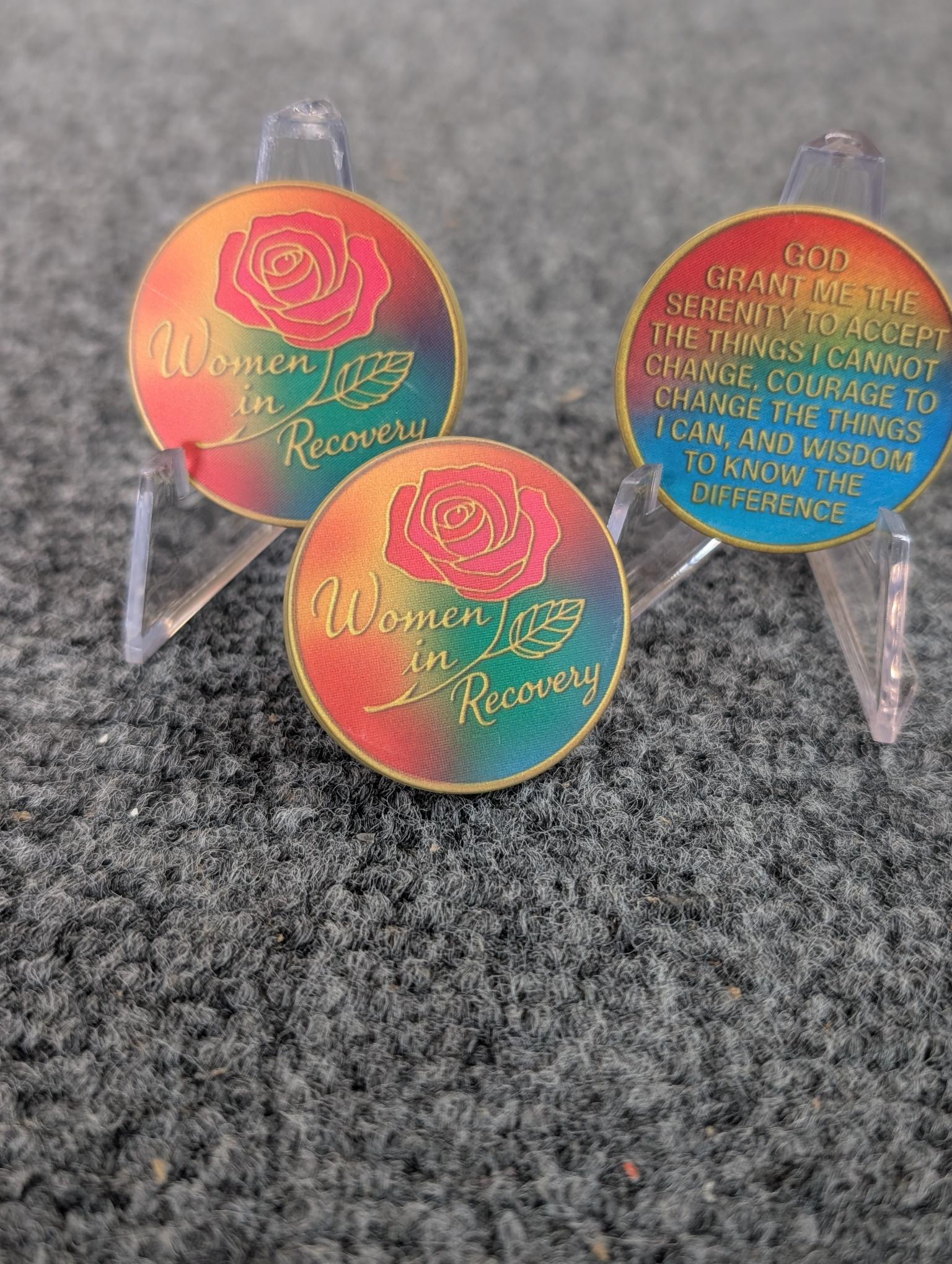 Women in Recovery Serenity Prayer Chip – Rainbow Inspirational Token with Rose Design