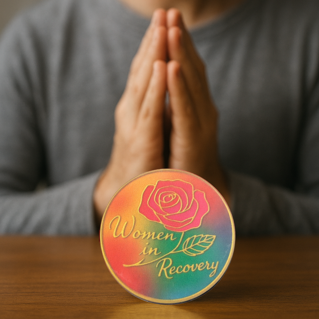 Women in Recovery Serenity Prayer Chip – Rainbow Inspirational Token with Rose Design