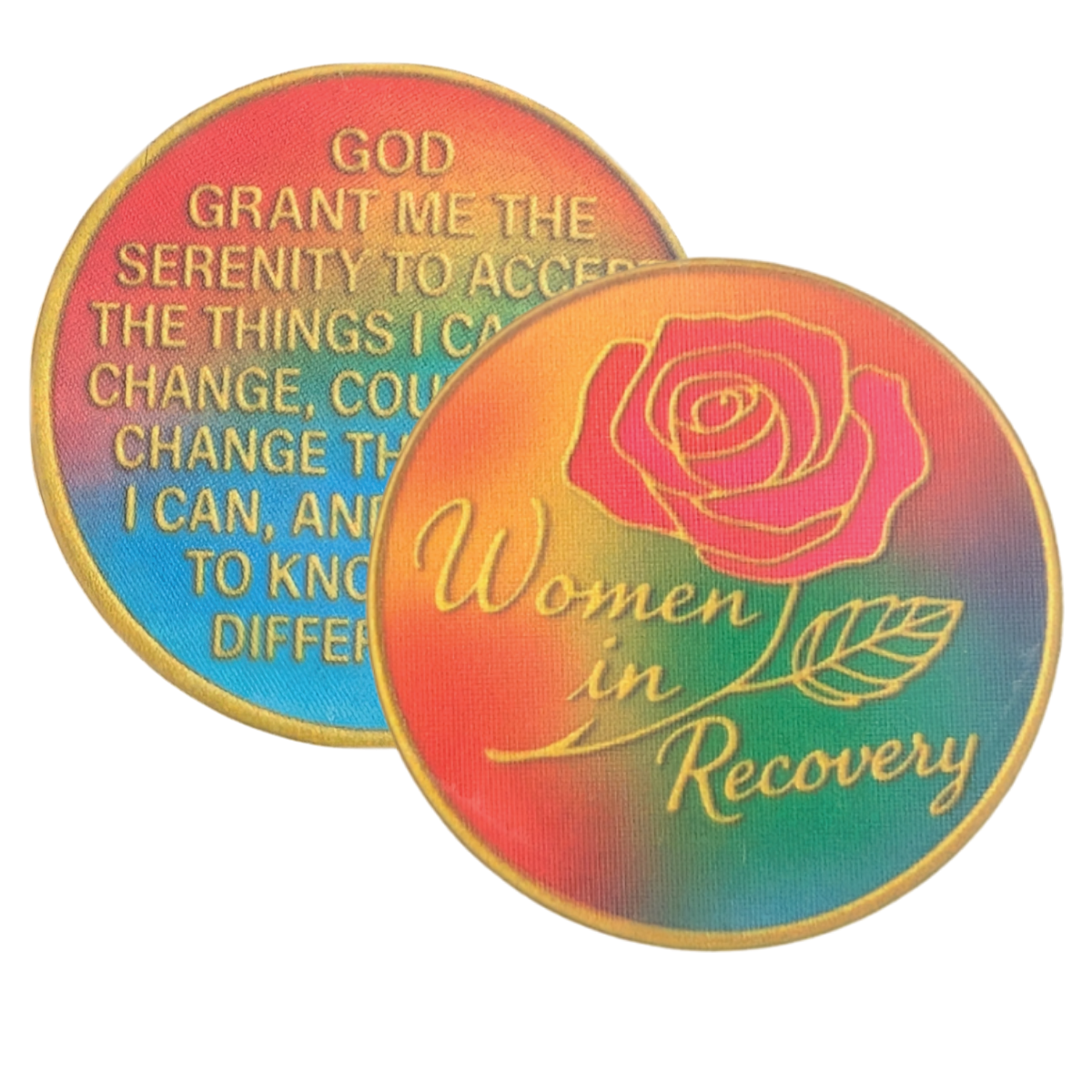 Women in Recovery Serenity Prayer Chip – Rainbow Inspirational Token with Rose Design