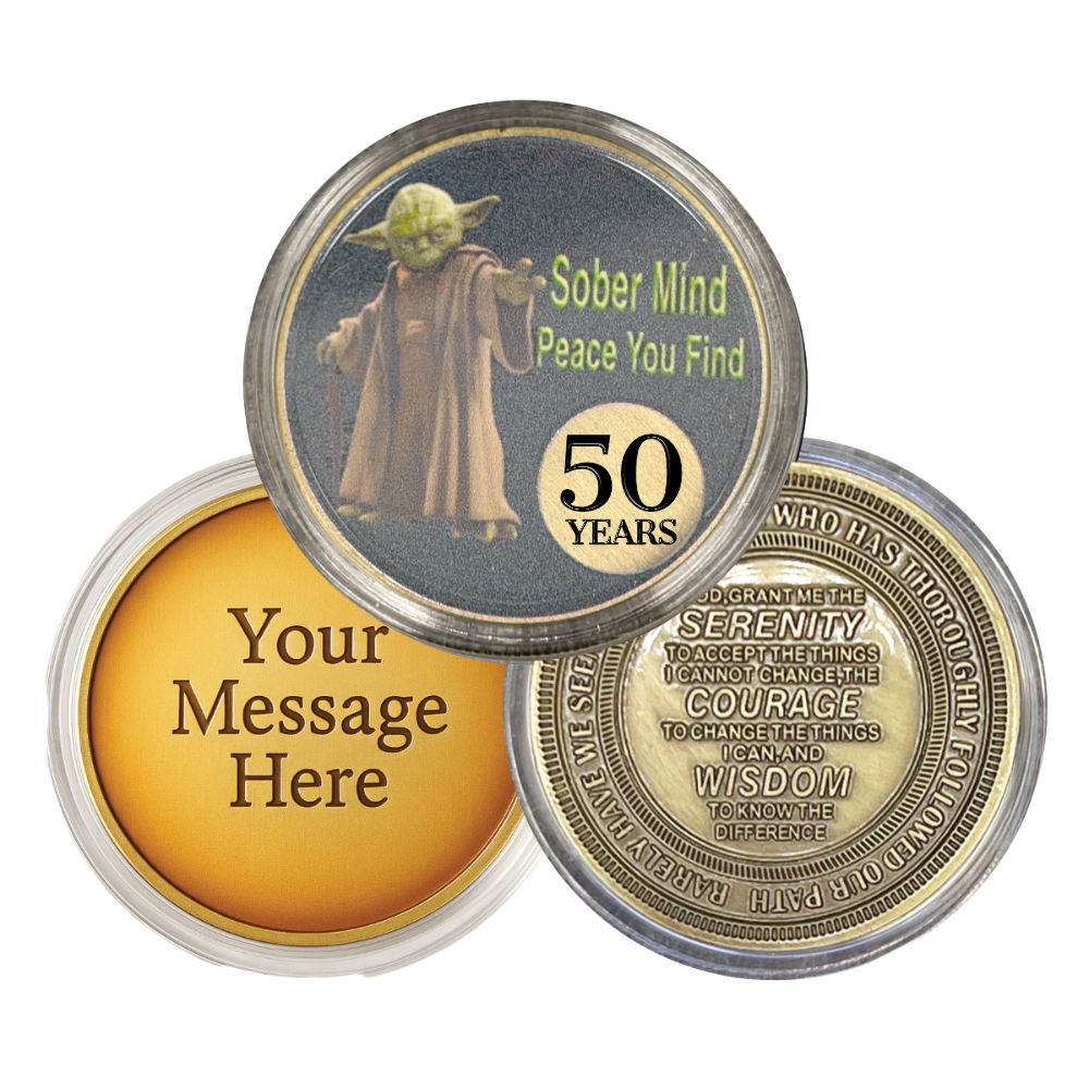 “Sober Mind Peace You Find” AA Sobriety Coin – Yoda-Inspired | Serenity Prayer or Custom Back
