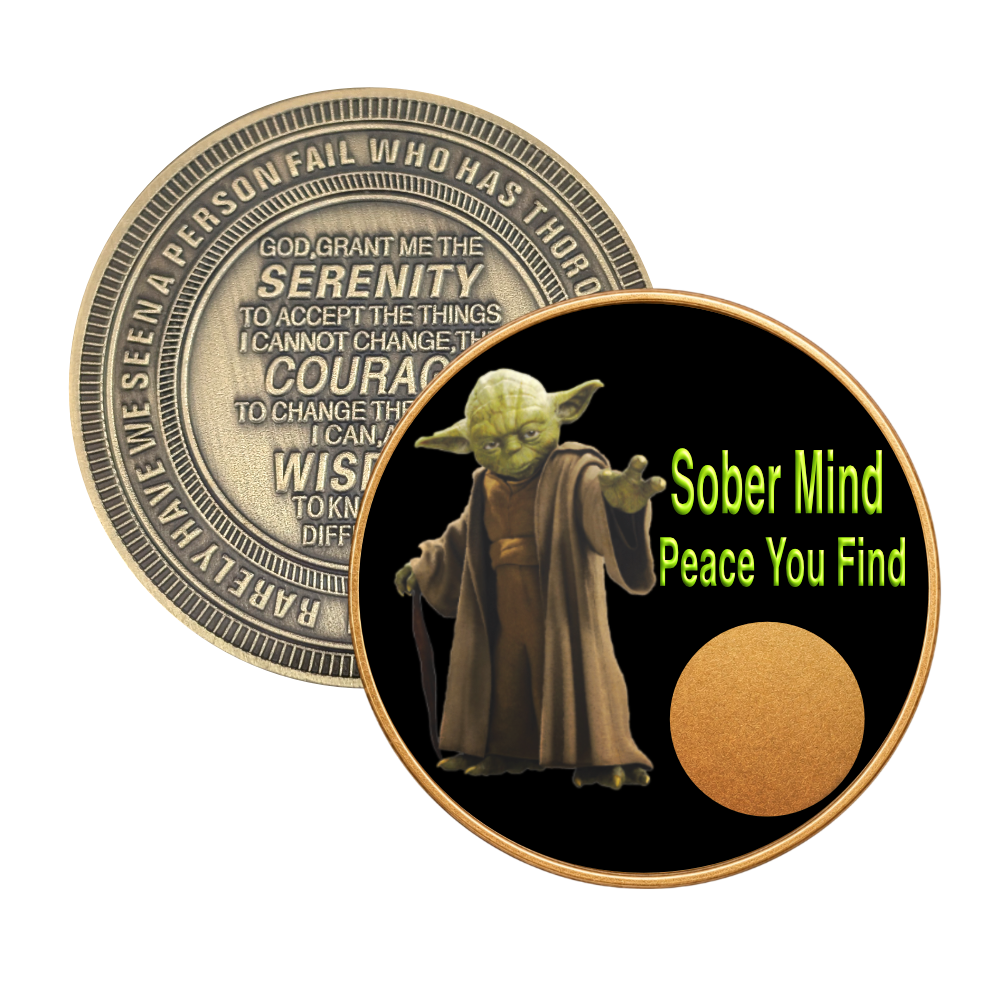 Sober Mind Peace You Find” AA Sobriety Coin – Yoda-Inspired Design | Serenity Prayer Back