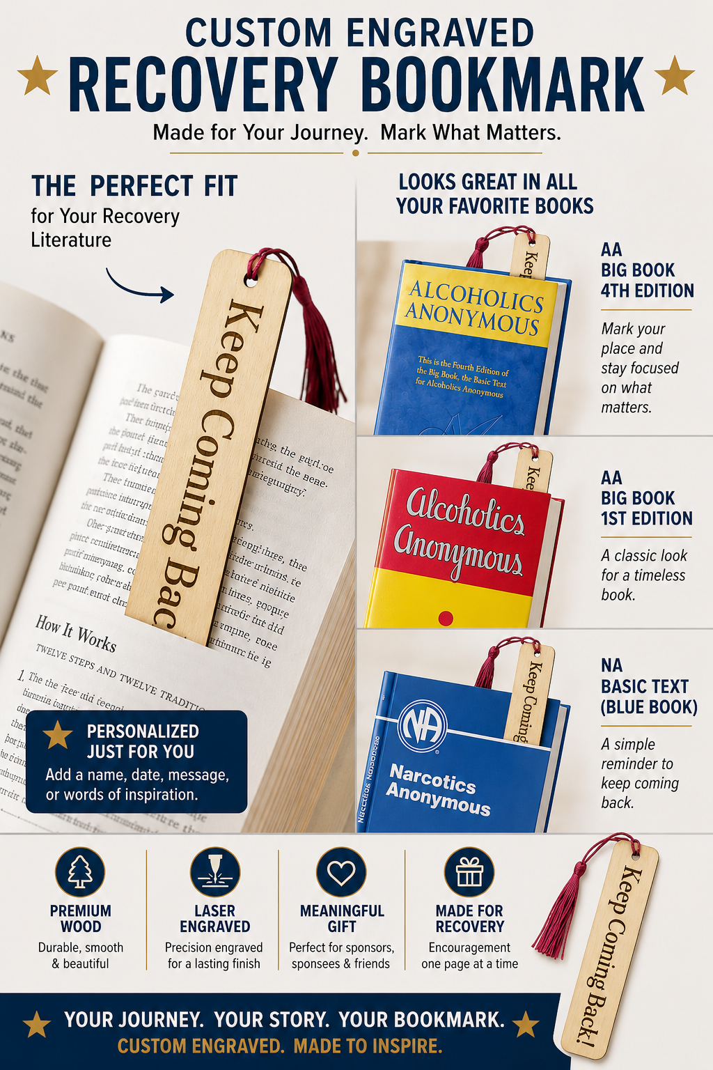 Custom Recovery Bookmark – Wooden Engraved Bookmark for AA, NA & Sobriety Gifts