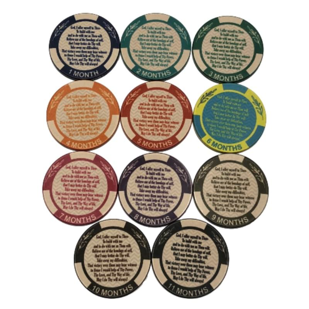 Personalized AA Sobriety Poker Chips – Monthly Recovery Chips with Custom Engraving  (Custom Message Option 24 Hours–11 Months)
