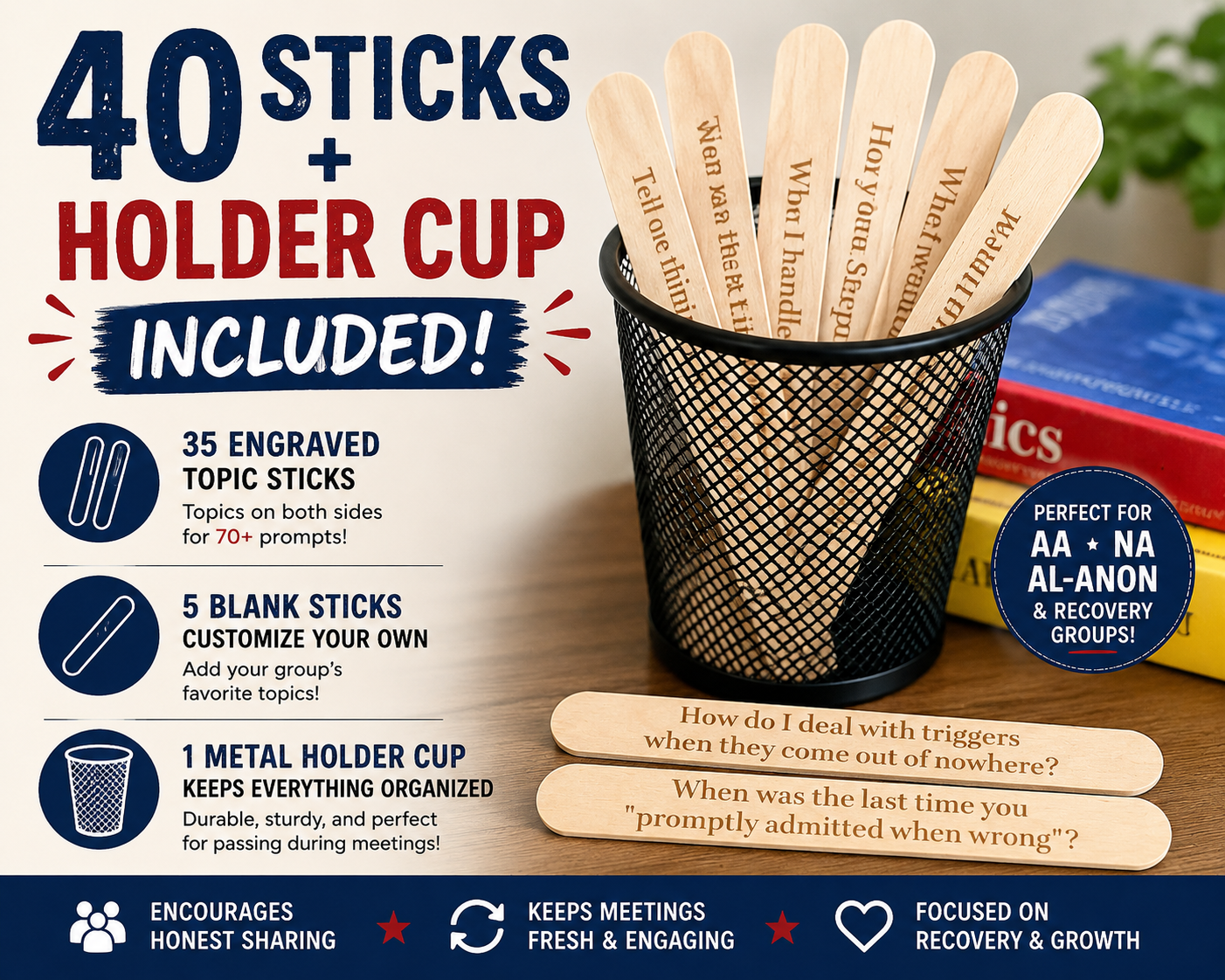 AA Popsicle Stick Meeting Kit | 35 Double-Sided Recovery Topics + 5 Blank Custom Sticks + Metal Holder Cup