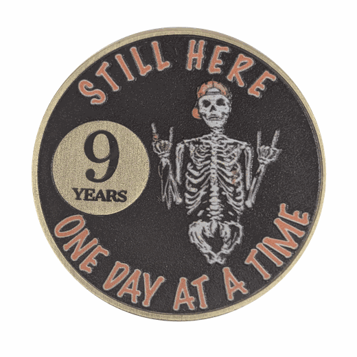 Still Here Sobriety Coin – Custom Engraved Recovery Medallion